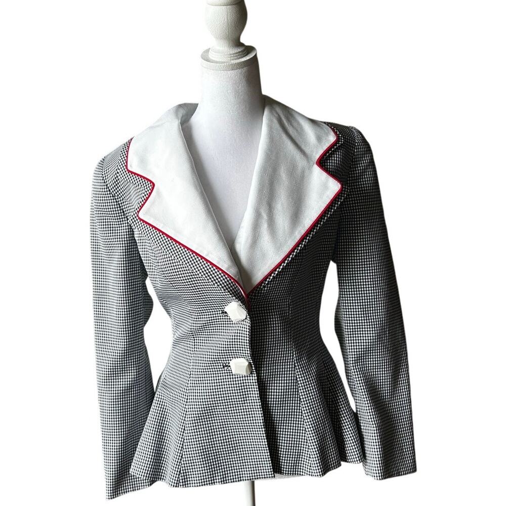 Vintage Lilli Ann Houndstooth Blazer Jacket White Contrast Lapel Red Trim Medium